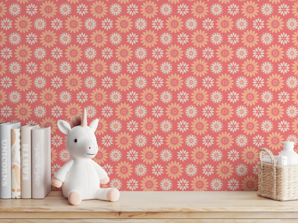 A child's nursery papered with my design Peach and Pristine Flowers