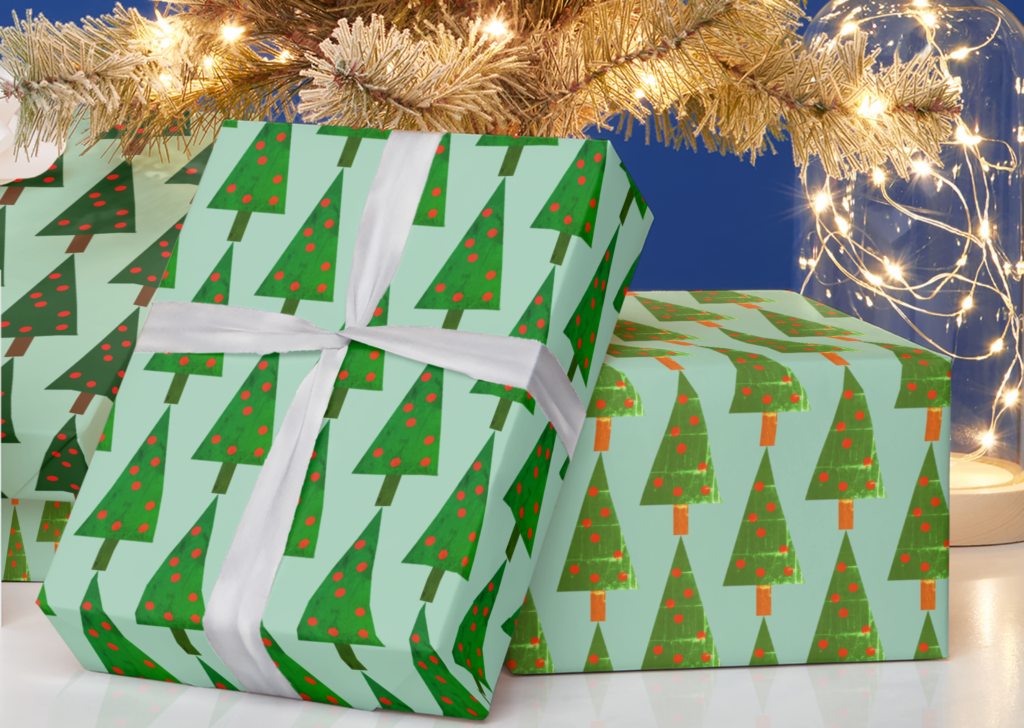 Wrapping paper made from three color variations of my Simple Shapes Christmas Tree design